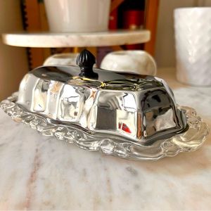 Vintage Chrome and Glass COVERED BUTTER DISH with Glass Plate